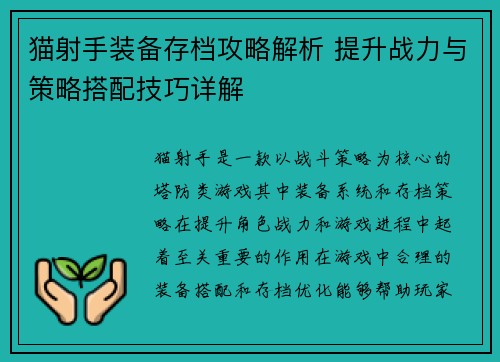 猫射手装备存档攻略解析 提升战力与策略搭配技巧详解