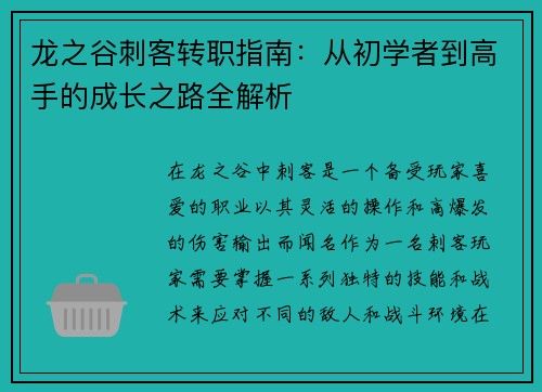 龙之谷刺客转职指南：从初学者到高手的成长之路全解析