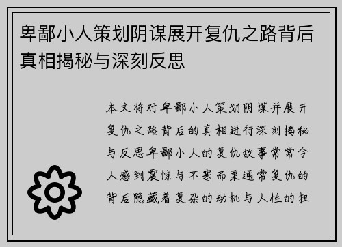 卑鄙小人策划阴谋展开复仇之路背后真相揭秘与深刻反思
